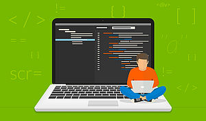 Illustration: Laptop mit Programmiercode, darauf sitzt eine Person mit Laptop