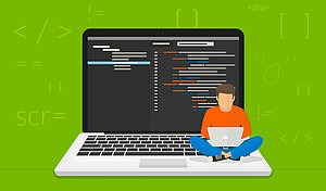 Illustration: Laptop mit Programmiercode, darauf sitzt eine Person mit Laptop © iStock.com - Lightcome Illustration: Laptop mit Programmiercode, darauf sitzt eine Person mit Laptop
