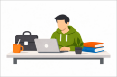 Illustration: Eine Person sitzt an einem Schreibtisch und arbeitet am Laptop, umgeben von Aktentasche, Büchern, Pflanze und Kaffeetasse.