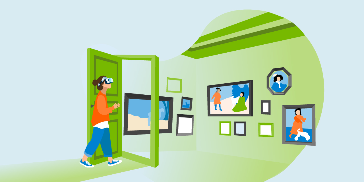 Illustration: Mensch mit VR-Brille, der durch eine Tür in einen Raum mit Gemälden an den Wänden geht